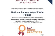 Certyfikat Europejskiego Urzędu ds. Pracy dla Okręgowego Inspektoratu Pracy w Olsztynie